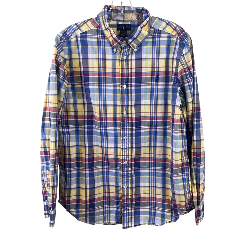 Ralph Lauren Blue Yellow Plaid Long Sleeve Shirt Preppy Cotton Youth XL 18-20